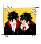  2boys black_hair brown_hair glasses grin harry_potter james_potter male male_focus multiple_boys school_uniform short_hair sirius_black smile 