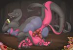  2018 alternate_version_at_source anthro breasts cherry claws crossgender dickgirl digital_media_(artwork) food forked_tongue fruit hi_res holding_food holding_object intersex licking licking_lips long_tongue looking_at_viewer multi_penis nintendo penis phathusa pok&eacute;mon pok&eacute;mon_(species) purple_sclera salazzle scalie small_breasts solo toe_claws tongue tongue_out video_games 