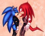 &lt;3 blue_fur blush bottomless bulge classy claws clothed clothing crossgender dreadlocks duo ear_piercing echidna female fur green_eyes hair hedgehog knuckles_the_echidna lipstick long_hair makeup male mammal monotreme necktie piercing red_fur shadisfaction sonic_(series) sonic_the_hedgehog suit teasing thick_thighs 
