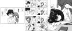  commentary_request gotoba_sora greyscale highres innocent_red kicking monochrome necktie sanada_tatsuki school_uniform scrunchie sleeping spiked_hair translation_request twintails usami_eru watarui 