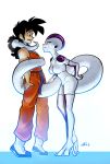  1girl absurdres alien ankle_boots bald black_hair boots bound breasts commentary crop_top dated dougi dragon_ball dragon_ball_z elbow_gloves english_commentary frieza from_side genderswap genderswap_(mtf) gloves highres ian_samson long_hair long_tail looking_at_another medium_breasts prehensile_tail purple_skin red_eyes skin_tight smile tail thighhighs tiptoes two-tone_skin white_skin yamcha you_gonna_get_raped 