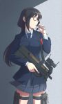  bad_id bad_pixiv_id black_hair bullpup glasses gun holding holding_gun holding_weapon long_hair low_tied_hair necktie oda_masaki_(b-minor) original p90 school_uniform solo submachine_gun trigger_discipline weapon 