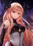  bangs bare_shoulders belt breastplate breasts commentary corset dark_angel_olivia elbow_gloves gloves granblue_fantasy highres horns long_hair looking_at_viewer loose_belt medium_breasts mengo pink_hair red_eyes shingeki_no_bahamut solo very_long_hair wings 