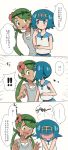  blue_eyes blue_hair blush comic dark_skin eating flower flustered full-face_blush green_eyes green_hair hair_flower hair_ornament hairband highres interracial kiss long_hair mao_(pokemon) meis_(terameisu) multiple_girls open_mouth overalls pokemon pokemon_(game) pokemon_sm sailor_collar sharing_food shirt short_hair sleeveless sleeveless_shirt suiren_(pokemon) surprise_kiss surprised swimsuit swimsuit_under_clothes translation_request trial_captain twintails white_shirt yuri 