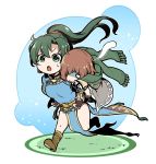  1girl bangs boots carrying chibi commentary_request detached_sleeves fainting fire_emblem fire_emblem:_rekka_no_ken full_body giving_up_the_ghost gloves green_eyes green_hair high_ponytail highres long_hair long_sleeves lyndis_(fire_emblem) nakabayashi_zun open_mouth pelvic_curtain piggyback ponytail running short_sleeves side_slit tactician_(fire_emblem) 