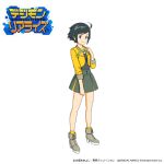  ahoge black_hair black_shirt blue_eyes breasts commentary_request company_name digimon digimon_rearise female_protagonist_(digimon_rearise) green_skirt grey_footwear hand_on_own_shoulder jacket logo looking_at_viewer medium_breasts miniskirt nakatsuru_katsuyoshi platform_boots shirt short_hair simple_background skirt smile socks solo standing watermark white_background yellow_jacket yellow_legwear 