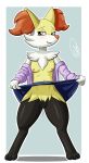  anthro blush braixen breasts canine clothing clothing_lift female fur gefauz inner_ear_fluff looking_at_viewer mammal nintendo pok&eacute;mon pok&eacute;mon_(species) pussy pussy_juice red_eyes simple_background skirt skirt_lift smile solo video_games 