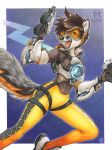  2018 alternate_species anthro brown_hair canine clothed clothing dual_wielding ear_piercing eyewear female fox fur gun hair handgun holding_object holding_weapon inner_ear_fluff kacey looking_at_viewer mammal open_mouth overwatch piercing pistol ranged_weapon short_hair solo tracer_(overwatch) traditional_media_(artwork) video_games weapon 