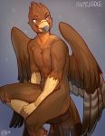  2018 anthro avian beak bird brown_eyes brown_feathers digital_media_(artwork) feathered_wings feathers kaitycuddle male nude simple_background smile solo wings 