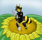  2018 antennae anthro arthropod bee culixcupric digital_drawing_(artwork) digital_media_(artwork) drone gas_mask insect male mask nude rubber shiny simple_background solo 