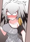  bad_id bad_twitter_id bird black_hair blush breasts collarbone commentary_request grey_hair highres kemono_friends large_breasts long_hair low_ponytail multicolored_hair nuka_cola06 off_shoulder opening_door orange_hair shoebill shoebill_(kemono_friends) side_ponytail silver_hair 