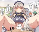  3girls akaino_(akaomi) aulick_(azur_lane) azur_lane bangs bare_shoulders beret bloomers bloomers_around_one_leg blue_hat blush breasts censored closed_mouth commentary_request covering_mouth cum cum_in_pussy dress eyebrows eyebrows_visible_through_hair feathers foote_(azur_lane) frilled_dress frills frown gloves gold_trim green_eyes green_hair hair_ornament hairclip hat hat_feather headpiece heart hetero indoors long_hair moomin moomintroll multiple_girls novelty_censor orange_eyes orange_hair popped_collar purple_dress reichsadler sailor_collar sex short_hair silver_hair sleeveless sleeveless_dress small_breasts solo_focus speech_bubble spread_legs text_focus thick_eyebrows translation_request turtleneck underwear vaginal white_bloomers white_gloves white_hat z46_(azur_lane) 