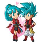  1boy 1girl beat_(dragon_ball) blue_eyes blue_hair boots breasts chibi dragon_ball dragon_ball_heroes full_body happy hetero karoine note_(dragon_ball) ponytail saiyan shiny shiny_skin smile super_saiyan super_saiyan_blue tail 