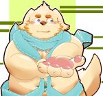  2018 abstract_background barazoku blush canine cusith demon dog golden_retriever holding_out_hand kemono male mammal marusuke obese overweight paws scarf solo tears tokyo_afterschool_summoners 