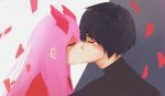  1girl black_hair black_shirt closed_eyes commentary_request couple crying darling_in_the_franxx face-to-face hddraw hetero highres hiro_(darling_in_the_franxx) horns kiss pink_hair shirt zero_two_(darling_in_the_franxx) 