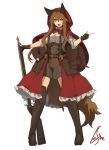  :d animal_ears belt boots bow bowtie brown_eyes brown_footwear brown_gloves brown_hair brown_skirt collared_shirt fingerless_gloves full_body gloves gun hair_between_eyes high-waist_skirt highres holding holding_gun holding_weapon index_finger_raised lansane legs_apart long_hair looking_at_viewer open_clothes open_mouth open_skirt orange_eyes original red_neckwear red_skirt rifle shirt signature simple_background skirt sleeves_rolled_up smile solo standing tail thigh_boots thighhighs tsana_(lansane) weapon white_background white_shirt wing_collar wolf_ears wolf_tail 
