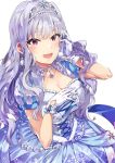  :d absurdres blue_dress breasts cleavage cross-laced_clothes crown dress earrings eyebrows_visible_through_hair gloves hair_intakes hand_up highres idolmaster idolmaster_(classic) idolmaster_million_live! idolmaster_million_live!_theater_days jewelry large_breasts lavender_hair looking_at_viewer necklace open_mouth pink_eyes pom_pom_earrings puffy_short_sleeves puffy_sleeves shijou_takane short_sleeves simple_background smile solo tuxedo_de_cat upper_body white_background white_gloves 