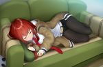  amami_amayu belt black_legwear black_shorts brown_jacket closed_eyes closed_mouth commentary_request couch jacket legs_together legwear_under_shorts long_hair long_sleeves lying makise_kurisu necktie off_shoulder on_couch on_side open_clothes open_jacket pantyhose pantyhose_under_shorts pillow red_hair red_neckwear shiny shiny_hair shirt short_shorts shorts sleeping smile solo steins;gate white_shirt 
