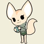  :3 aggressive_retsuko anthro barefoot canine cellphone clothing cute female fennec fenneko fox itsunknownanon looking_at_viewer mammal phone simple_background skirt smile solo sweater 