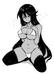  akairiot bikini black_legwear breast_squeeze breasts cleavage commentary curvy dark_skin english_commentary full_body hair_between_eyes highres kneeling large_breasts long_hair lula_(akairiot) navel original screentones smile solo sparkle swimsuit thighhighs underboob very_long_hair 