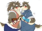  armor blush butt clothing exe_exem gauntlets gloves hand_holding male male/male moritaka nose_boop ponytail selfcest shino(housamo) slightly_chubby square_crossover tokyo_afterschool_summoners 