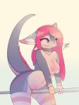  2018 anthro breasts clothing collar dragon electrycpynk electrycpynk_(character) female hair legwear nipples pink_hair pole pussy pussy_juice solo stockings thigh_highs thigh_squish 