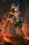  2019 anthro clothed clothing digital_media_(artwork) digitigrade feline fire fur grey_fur holding_object lynx male mammal open_mouth smile solo staff standing tatiilange teeth topless 