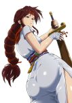  ass bandages berwick_saga braid brown_eyes brown_hair earrings fey_(tear_ring_saga) headband honma0220 jewelry long_braid long_hair looking_to_the_side side_slit simple_background solo sword tear_ring_saga weapon 