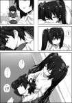  commentary_request greyscale head_rub innocent_red lap_pillow monochrome sanada_tatsuki sleeping spiked_hair translation_request twintails usami_eru watarui 