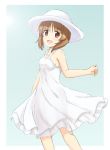  bangs brown_eyes brown_hair casual commentary cowboy_shot dress eyebrows_visible_through_hair from_side girls_und_panzer green_background hat looking_at_viewer ma-2_(konkon_kitakitsune) nishizumi_miho open_mouth outside_border short_hair smile solo standing sun_hat sundress white_dress white_hat 