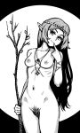  akairiot breasts breasts_apart circlet commentary elf english_commentary excessive_pubic_hair finger_to_mouth greyscale head_tilt highres long_hair looking_at_viewer mole mole_under_eye monochrome navel nipples nude original petite pointy_ears pubic_hair ribs screentones small_breasts smile solo standing tree wide_hips 