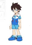  android black_hair blue_eyes blue_shirt blue_shorts concept_art full_body highres hood hoodie hoodie_vest io_naomichi male_focus rockman rockman_(character) rockman_(classic) rockman_11 shirt shorts sketch solo spiked_hair vest 
