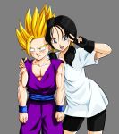  1boy 1girl age_difference artist_request blavk_hair blonde_hair breasts dragon_ball dragonball_z grabbing long_hair looking_at_viewer multiple_boys open_mouth shiny shiny_hair shorts simple_background smile son_gohan super_saiyan super_saiyan_2 twintails v videl 