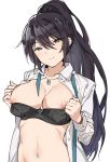  bad_id bad_twitter_id black_bra black_hair blue_neckwear bra bra_pull closed_mouth collarbone collared_shirt commentary_request eyebrows_visible_through_hair hair_between_eyes harutoyo head_tilt high_ponytail idolmaster idolmaster_shiny_colors jewelry long_hair long_sleeves looking_back navel necklace necktie nipple_slip nipples pendant ponytail pulled_by_self school_uniform shirase_sakuya shirt simple_background smile solo stomach underwear undone_necktie upper_body white_background white_shirt wing_collar 
