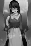  1girl bag bangs black_hair blunt_bangs blush bulge greyscale hair_ornament hairclip handbag highres jewelry long_hair monochrome necklace nijisanji skirt tsukino_mito virtual_youtuber 