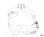  anthro bangabear barefoot belly belly_overhang big_belly black_and_white chubby_cheeks claws clothed clothing double_chin feline fur hair hand_on_stomach hoodie hyper hyper_belly male mammal midriff monochrome moobs morbidly_obese obese obese_male open_hoodie overweight overweight_male pantherine simple_background smile solo standing striped_fur stripes thick_thighs tiger toe_claws white_background wide_hips 