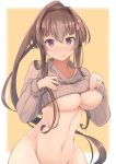  alternate_costume blush breasts brown_hair cherry_blossoms closed_mouth clothes_pull hair_between_eyes hair_intakes jewelry kantai_collection large_breasts lips long_hair long_sleeves looking_at_viewer navel ponytail purple_eyes ribbed_sweater ring simple_background solo sweater sweater_pull tongue tongue_out underboob upper_body very_long_hair wedding_band wide_hips yamato_(kantai_collection) yellow_background yuzuruka_(bougainvillea) 