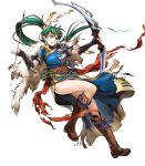  aqua_eyes armor arrow bangs belt boots bow_(weapon) breasts broken_armor brown_footwear cape earrings elbow_gloves feathers fingerless_gloves fire_emblem fire_emblem:_rekka_no_ken fire_emblem_heroes full_body fur_trim gloves green_hair hair_ornament high_ponytail highres holding holding_bow_(weapon) holding_weapon jewelry long_hair lyndis_(fire_emblem) medium_breasts non-web_source official_art parted_lips solo torn_clothes transparent_background wada_sachiko weapon 