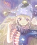  american_flag_shirt arm_up ba9ked bangs blonde_hair clownpiece gradient gradient_background hand_up hat jester_cap long_hair looking_at_viewer purple_background red_eyes short_sleeves smile solo striped touhou upper_body very_long_hair 