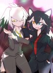  animal_ears bad_id bad_twitter_id black_hair business_suit commentary_request formal grey_wolf_(kemono_friends) heterochromia kemono_friends long_hair long_sleeves multicolored_hair multiple_girls necktie nuka_cola06 pant_suit shirt shoebill_(kemono_friends) skirt_suit suit tail two-tone_hair wolf_ears wolf_tail yellow_eyes 