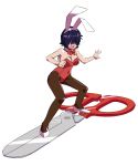  bichosan black_hair bow bowtie breasts bunnysuit cleavage cosplay daicon_bunny_girl daicon_bunny_girl_(cosplay) daicon_iv hair_over_eyes highres nazo_no_kanojo_x open_mouth oversized_object pantyhose parody scissors simple_background smile solo urabe_mikoto white_background 