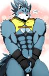  anthro bearlovestiger13 blush canine convenient_censorship embarrassed hi_res looking_at_viewer male mammal mostly_nude muscular muscular_male nipples solo wolf 