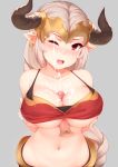  1girl aliza_(granblue_fantasy) bandaged_hands bandages bare_shoulders blush braid breasts cleavage collarbone cum cum_on_body cum_on_breasts cum_on_upper_body disembodied_penis draph earrings ejaculation facial granblue_fantasy halter_top halterneck hetero highres horns jewelry large_breasts long_hair looking_at_viewer male_pubic_hair navel one_eye_closed open_mouth paizuri penis pointy_ears pubic_hair red_eyes ricegnat solo_focus upper_body very_long_hair 