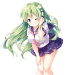  ;) alternate_costume bangs blue_eyes blue_skirt blush breasts commentary_request eyebrows_visible_through_hair feet_out_of_frame frog_hair_ornament green_hair hair_ornament hair_tubes hand_up kochiya_sanae large_breasts leaning_forward long_hair looking_at_viewer miniskirt miyase_mahiro one_eye_closed pleated_skirt red_neckwear sailor_collar school_uniform serafuku short_sleeves simple_background skirt smile snake_hair_ornament solo standing thighs touhou white_background white_serafuku 