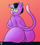  2018 anthro big_breasts big_butt breasts butt cat catty_(undertale) digital_media_(artwork) feline female hair holding_breast looking_at_viewer looking_back mammal naughty_face notjoe nude presenting presenting_hindquarters pussy raised_tail simple_background sitting solo tongue tongue_out undertale video_games 