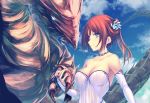  blue_eyes blue_sky breasts bridal_gauntlets brown_hair choker cleavage cloud collarbone day detached_sleeves dragon eyebrows_visible_through_hair hair_ornament highres holding_paw large_breasts long_hair original outdoors ponytail sky smile solo strapless tenmaso upper_body 