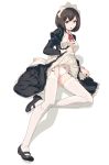  40hara arm_strap bangs black_footwear black_hair blue_eyes bob_cut bow bow_panties breasts dress dress_lift frilled_dress frills frown full_body garter_straps highres itou_chitose iya_na_kao_sare_nagara_kozukuri_sasete_moraitai juliet_sleeves leg_up lifted_by_self long_sleeves looking_at_viewer maid maid_headdress mary_janes medium_breasts neck_ribbon open_mouth original panties puffy_sleeves red_ribbon ribbon shoes short_hair simple_background solo standing standing_on_one_leg thighhighs underwear white_background white_legwear white_panties 