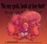  2015 anthro ass_up big_butt breasts butt conditional_dnp dingoringo30 english_text female front_view gradient_background gummy_(food) gummy_worm_(food) hair_bow hair_ribbon hi_res huge_butt lyrics mammal orange_background purple_background ribbons simple_background slightly_chubby solo squeez_(character) text unknown_species wide_hips xopachi 