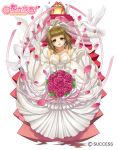  bare_shoulders bell bird bouquet bow breasts bridal_gauntlets cleavage copyright_name dove dress earrings flower forced_perspective full_body gloves jewelry large_breasts looking_at_viewer medium_hair necklace official_art open_door pearl_necklace petals pink_ribbon ribbon stairs standing tatsuki_maki toritsu_mizushou! veil watermark wedding_dress white_bow white_dress white_gloves 