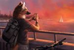  2018 anthro backpack bicycle black_nose brown_fur canine city claws clothed clothing day detailed_background digital_media_(artwork) fur holding_object holding_phone inner_ear_fluff male mammal maned_wolf neck_tuft outside phone sailboat sky smile solo standing tuft water wolf wolnir 